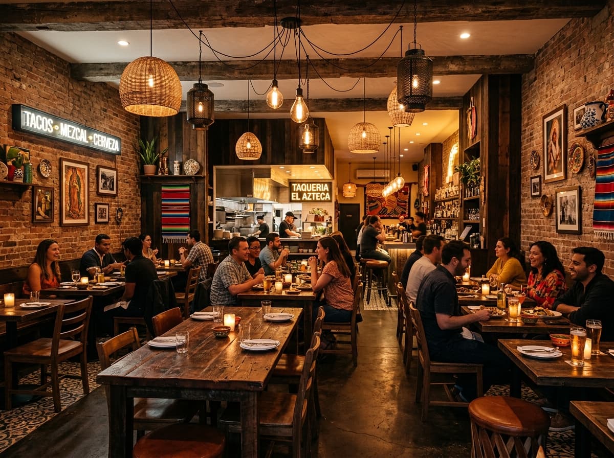 The dining room with wooden tables and warm pendant lamps