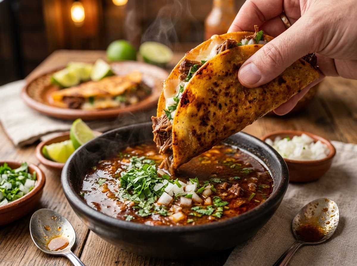 A taco being dipped into red birria broth