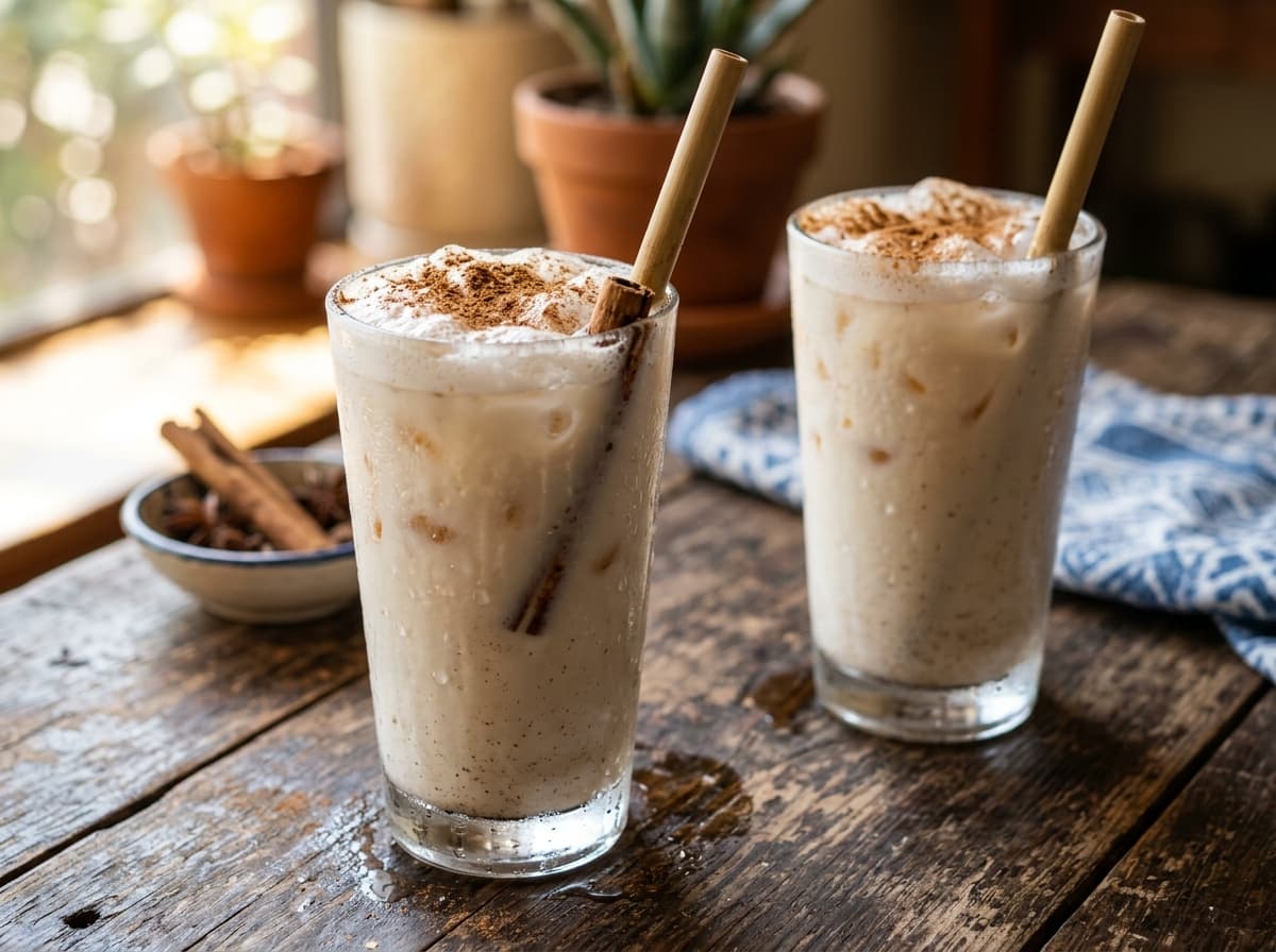 Two tall glasses of horchata with cinnamon sticks