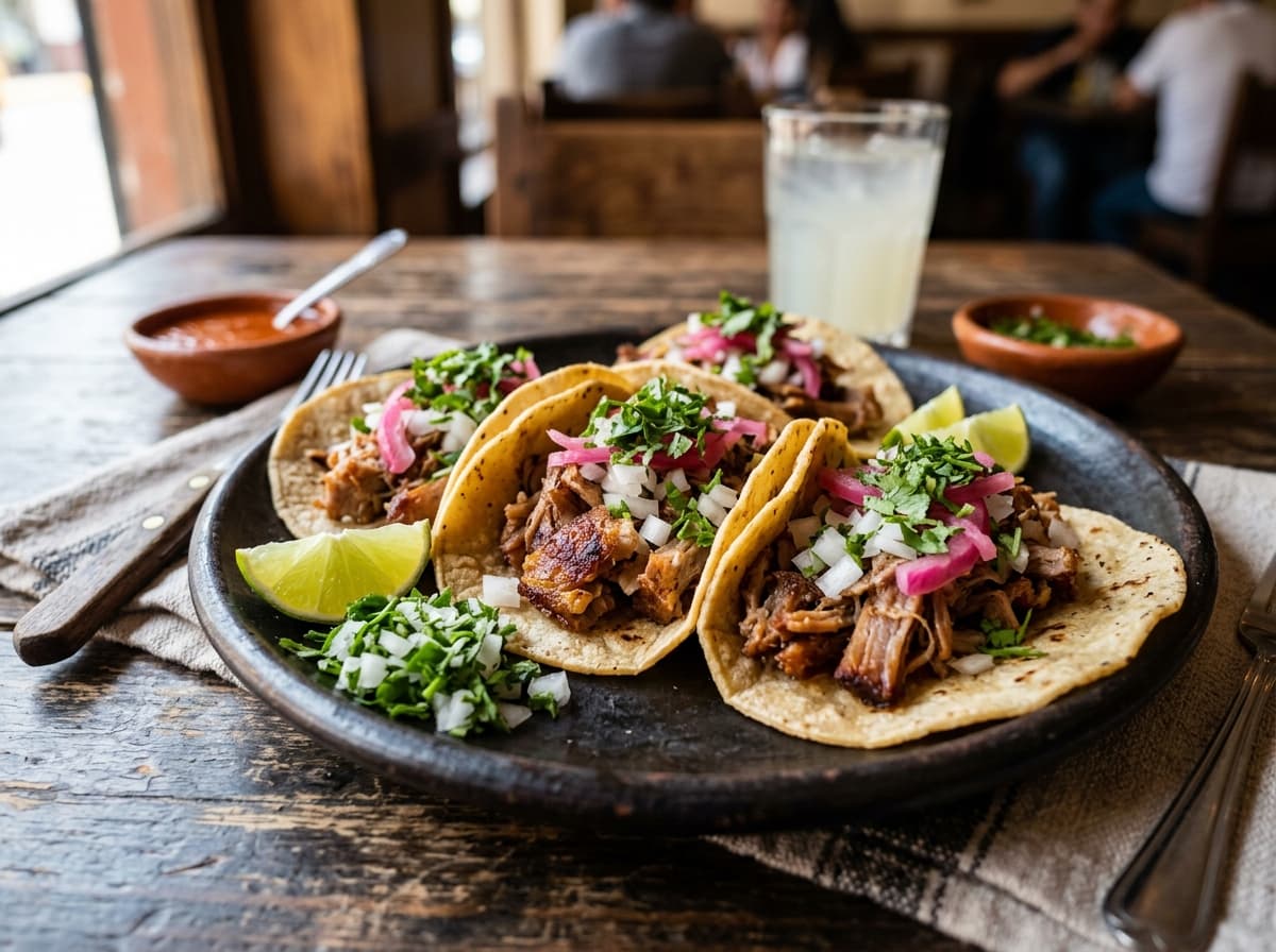 Crisp carnitas tacos with pickled red onion